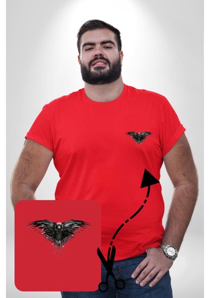 3 Gözlü Kuzgun Kırmızı Büyük Beden Kadın Basic Minimal Baskılı Tişört fiyatları