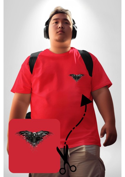 3 Gözlü Kuzgun Kırmızı Büyük Beden Kadın Basic Minimal Baskılı Tişört modelleri