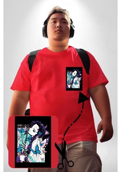 Shinobu Kocho Demon Slayer Kırmızı Büyük Beden Kadın Basic Minimal Baskılı Tişört