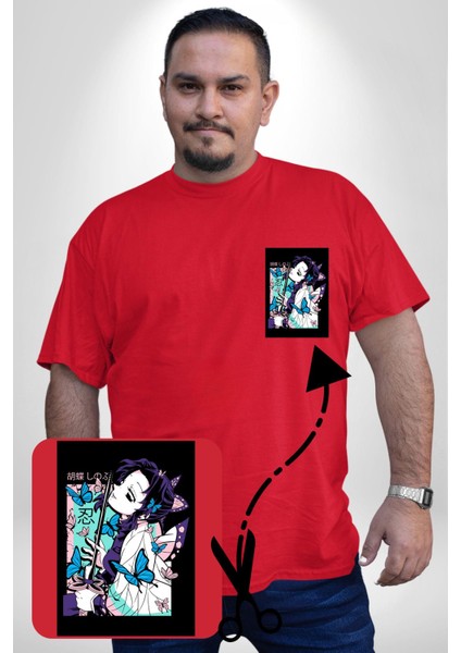 Shinobu Kocho Demon Slayer Kırmızı Büyük Beden Kadın Basic Minimal Baskılı Tişört