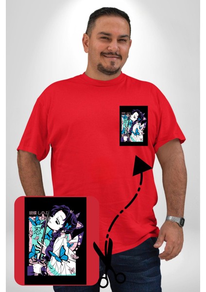 Shinobu Kocho Demon Slayer Kırmızı Büyük Beden Kadın Basic Minimal Baskılı Tişört