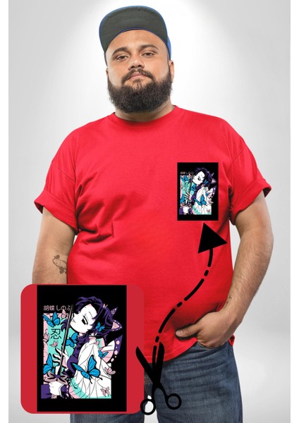 Shinobu Kocho Demon Slayer Kırmızı Büyük Beden Kadın Basic Minimal Baskılı Tişört