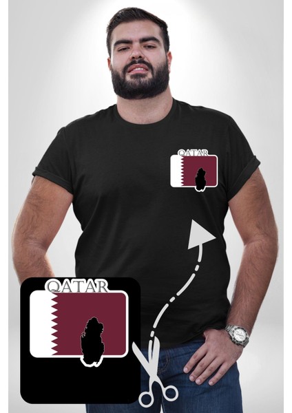 Katar Bayrağı Siyah Büyük Beden Kadın Basic Minimal Baskılı Tişört