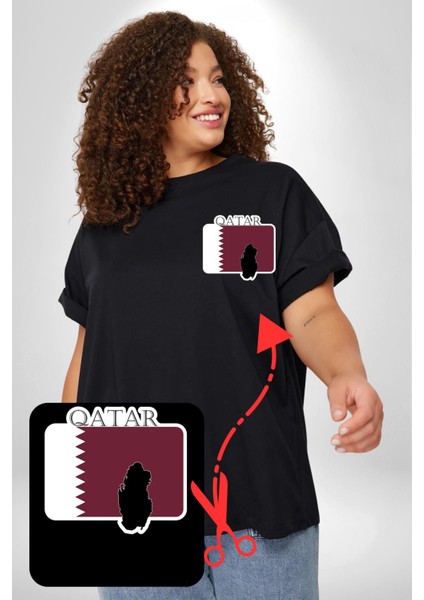 Katar Bayrağı Siyah Büyük Beden Kadın Basic Minimal Baskılı Tişört