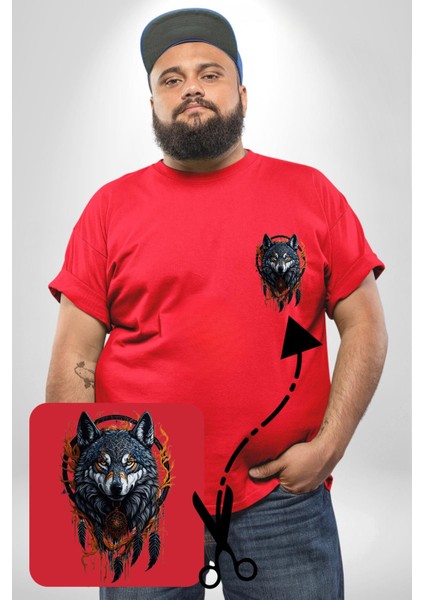 Beyaz Kurt Rüya Kapanı Kırmızı Büyük Beden Kadın Basic Minimal Baskılı Tişört