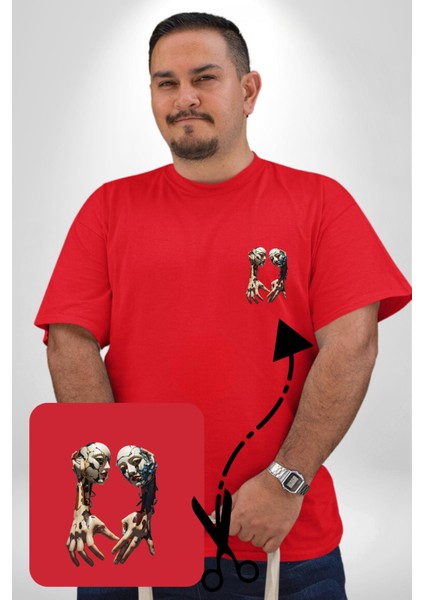 Yüz Yüze Ellerin Uyumu Kırmızı Büyük Beden Kadın Basic Minimal Baskılı Tişört