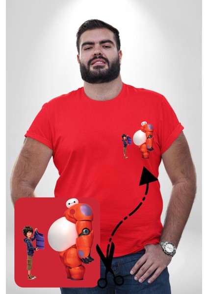 Süper Kahraman Big Hero Kırmızı Büyük Beden Kadın Basic Minimal Baskılı Tişört