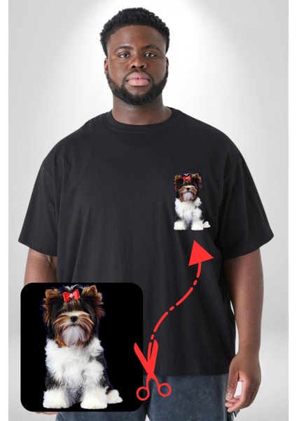 Biewer Yorshire Terrier Siyah Büyük Beden Kadın Basic Minimal Baskılı Tişört fiyatları