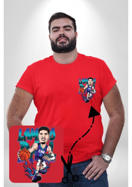 Lamelo Ball Basketbol Karikatür Kırmızı Büyük Beden Kadın Basic Minimal Baskılı Tişört