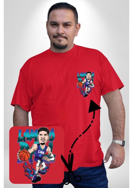 Lamelo Ball Basketbol Karikatür Kırmızı Büyük Beden Kadın Basic Minimal Baskılı Tişört