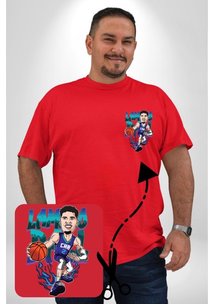 Lamelo Ball Basketbol Karikatür Kırmızı Büyük Beden Kadın Basic Minimal Baskılı Tişört