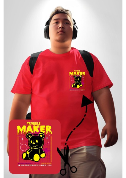 Baş Belası Teddy Kırmızı Büyük Beden Kadın Basic Minimal Baskılı Tişört