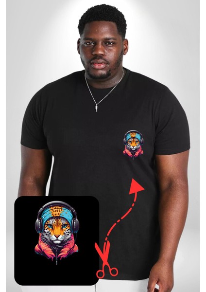 Kulaklık Kedi Leopar Bandana Siyah Büyük Beden Kadın Basic Minimal Baskılı Tişört