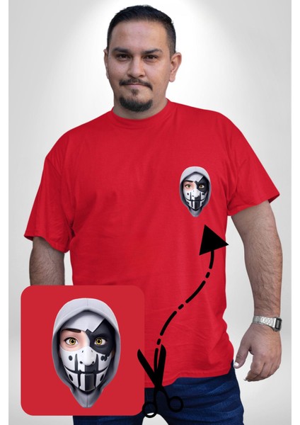 Maske Takan Kahraman Kafası Kırmızı Büyük Beden Kadın Basic Minimal Baskılı Tişört