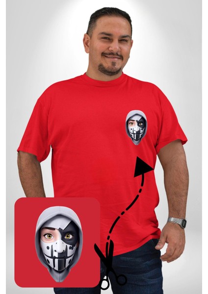 Maske Takan Kahraman Kafası Kırmızı Büyük Beden Kadın Basic Minimal Baskılı Tişört fiyatları