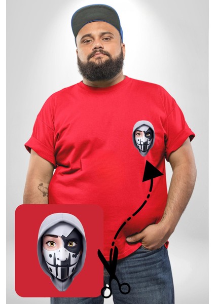 Maske Takan Kahraman Kafası Kırmızı Büyük Beden Kadın Basic Minimal Baskılı Tişört modelleri