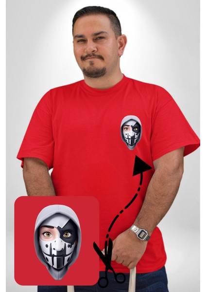 Maske Takan Kahraman Kafası Kırmızı Büyük Beden Kadın Basic Minimal Baskılı Tişört fırsatları