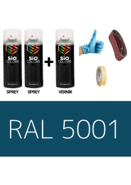 2 Adet Sprey+1 Adet Vernik Yeşil Mavi RAL-5001 Sprey Boya Seti 400 Ml+Zımpara+Kağıtbant+Eldiven