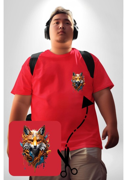 Renkli Sulu Boya Kurt Yapay Zeka Tasarımı Kırmızı Büyük Beden Kadın Basic Minimal Baskılı Tişört