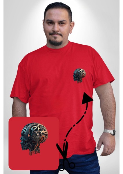 Robot Kafası Kız Kırmızı Büyük Beden Kadın Basic Minimal Baskılı Tişört