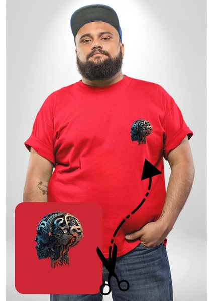 Robot Kafası Kız Kırmızı Büyük Beden Kadın Basic Minimal Baskılı Tişört modelleri