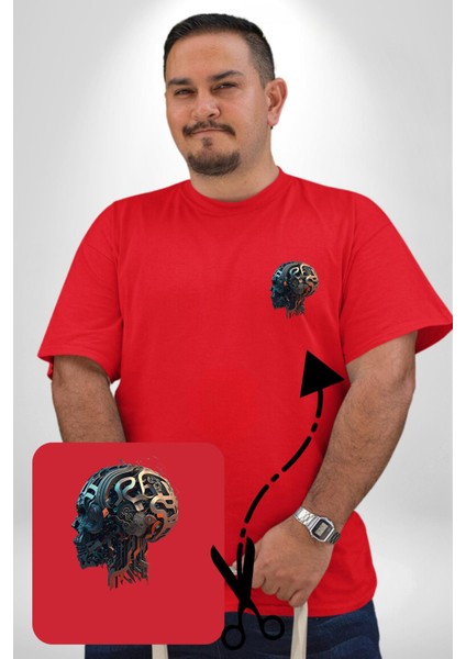 Robot Kafası Kız Kırmızı Büyük Beden Kadın Basic Minimal Baskılı Tişört fırsatları