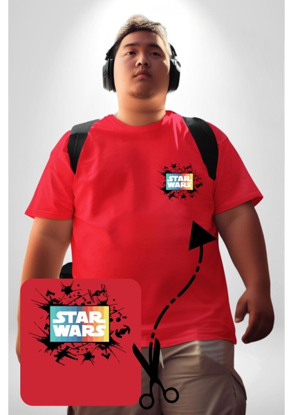 Star Wars Kırmızı Büyük Beden Kadın Basic Minimal Baskılı Tişört
