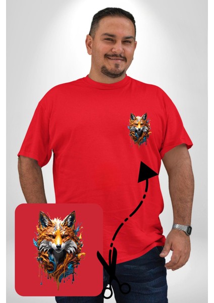 Renkli Sulu Boya Kurt Yapay Zeka Tasarımı Kırmızı Büyük Beden Kadın Basic Minimal Baskılı Tişört modelleri