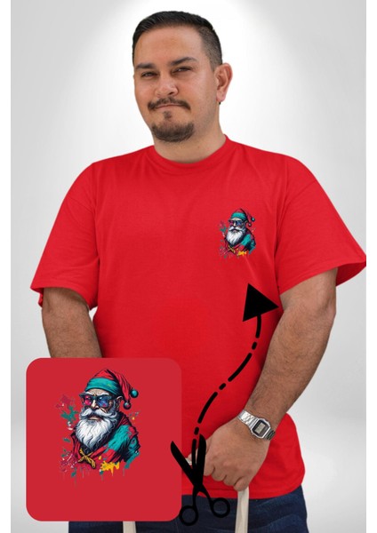 Renkli Noel Baba Yeni Nesil Gözlüklü Kırmızı Büyük Beden Kadın Basic Minimal Baskılı Tişört