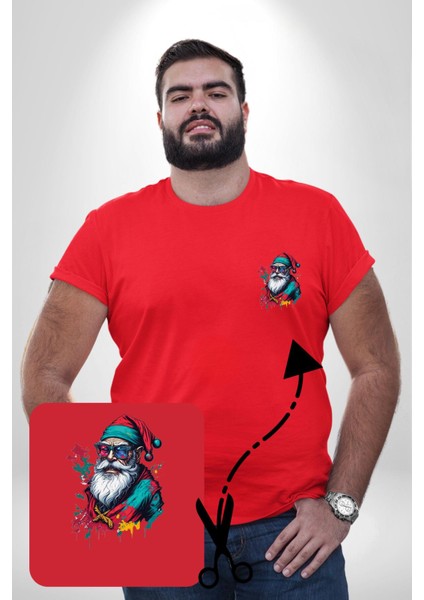 Renkli Noel Baba Yeni Nesil Gözlüklü Kırmızı Büyük Beden Kadın Basic Minimal Baskılı Tişört modelleri
