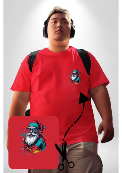 Renkli Noel Baba Yeni Nesil Gözlüklü Kırmızı Büyük Beden Kadın Basic Minimal Baskılı Tişört fırsatları