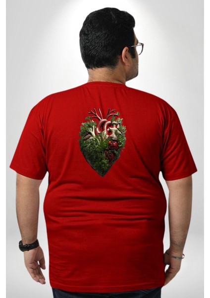 Doğanın Kalbi Yeşillikler Kalp Büyük Beden Kırmızı Tişört Kadın Erkek Ünisex Sırt Baskılı