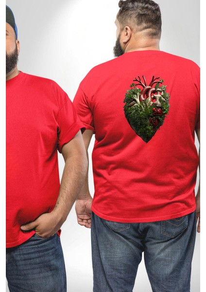 Doğanın Kalbi Yeşillikler Kalp Büyük Beden Kırmızı Tişört Kadın Erkek Ünisex Sırt Baskılı fiyatları