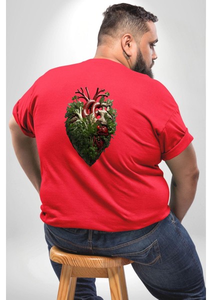 Doğanın Kalbi Yeşillikler Kalp Büyük Beden Kırmızı Tişört Kadın Erkek Ünisex Sırt Baskılı fırsatları