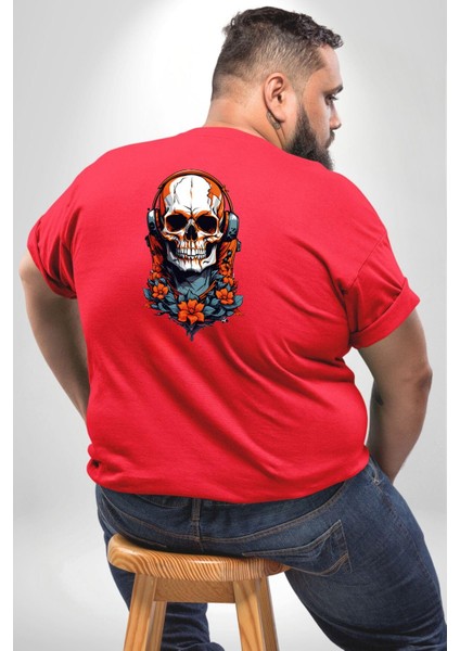 Müzik Kulaklık Takan Kurukafa Kırmızı Gül Büyük Beden Kırmızı Tişört Kadın Erkek Ünisex Sırt Baskılı