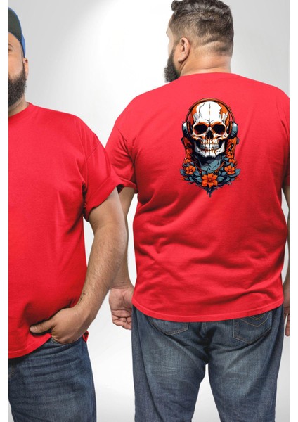 Müzik Kulaklık Takan Kurukafa Kırmızı Gül Büyük Beden Kırmızı Tişört Kadın Erkek Ünisex Sırt Baskılı fiyatları