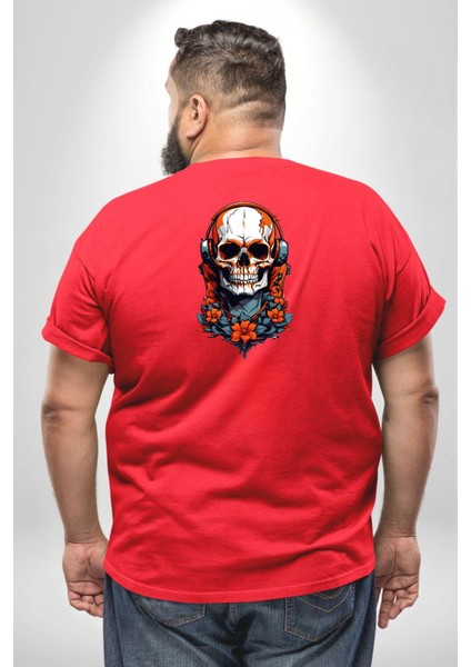 Müzik Kulaklık Takan Kurukafa Kırmızı Gül Büyük Beden Kırmızı Tişört Kadın Erkek Ünisex Sırt Baskılı fırsatları