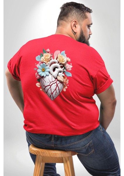 Porselen Çiçek Kalp Büyük Beden Kırmızı Tişört Kadın Erkek Ünisex Sırt Baskılı