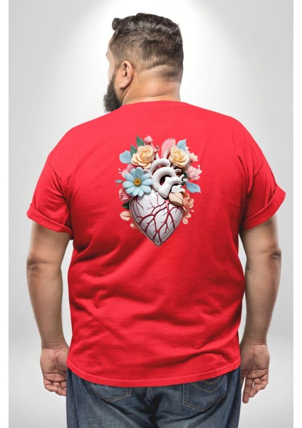 Porselen Çiçek Kalp Büyük Beden Kırmızı Tişört Kadın Erkek Ünisex Sırt Baskılı fırsatları