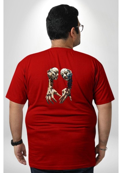 Yüz Yüze Ellerin Uyumu Büyük Beden Kırmızı Tişört Kadın Erkek Ünisex Sırt Baskılı