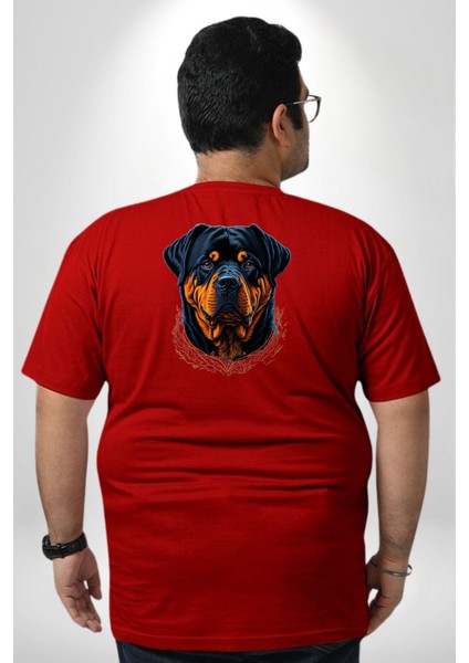 Rottweiler Koca Kafa Büyük Beden Kırmızı Tişört Kadın Erkek Ünisex Sırt Baskılı