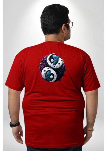 Renkli Yin Ile Yang Kuramı Büyük Beden Kırmızı Tişört Kadın Erkek Ünisex Sırt Baskılı