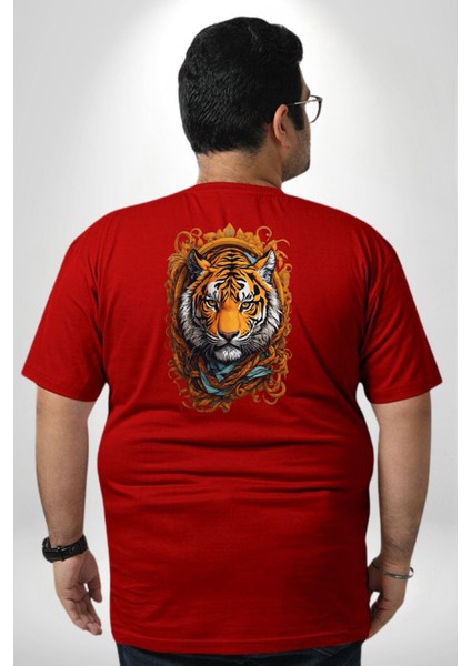 Kaplan Süs Büyük Beden Kırmızı Tişört Kadın Erkek Ünisex Sırt Baskılı