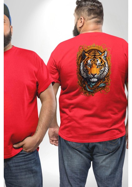 Kaplan Süs Büyük Beden Kırmızı Tişört Kadın Erkek Ünisex Sırt Baskılı fiyatları