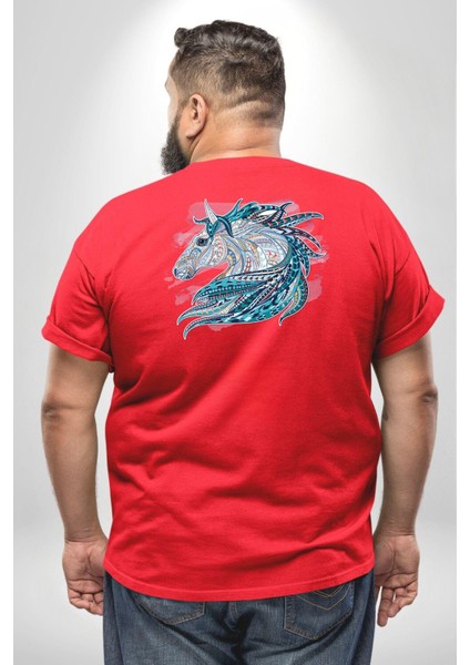 At Mandala Kafası Büyük Beden Kırmızı Tişört Kadın Erkek Ünisex Sırt Baskılı