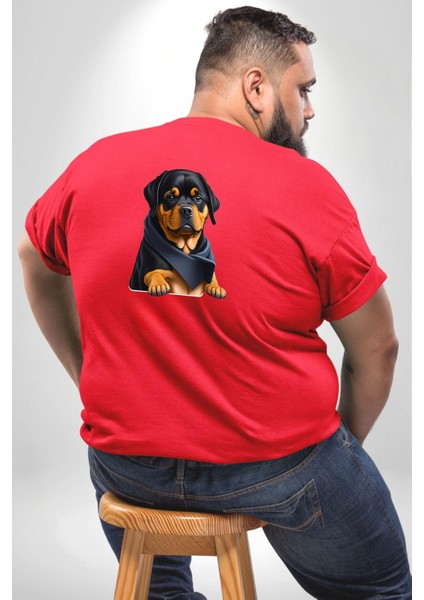 Puppy Köpek Rottweiler Büyük Beden Kırmızı Tişört Kadın Erkek Ünisex Sırt Baskılı