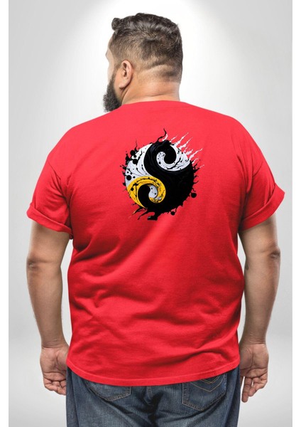 Yin Ile Yang Kuramı Büyük Beden Kırmızı Tişört Kadın Erkek Ünisex Sırt Baskılı
