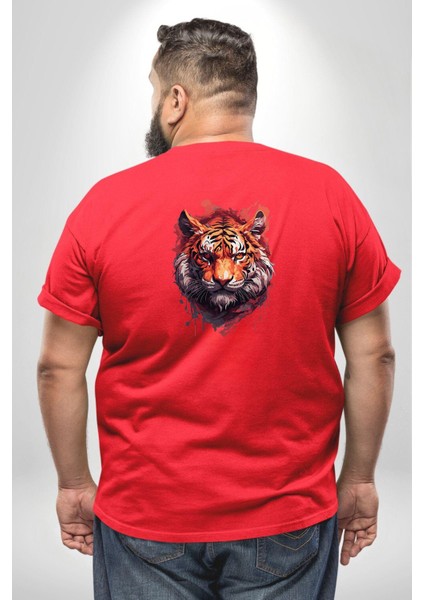 Kaplan Kafası Büyük Beden Kırmızı Tişört Kadın Erkek Ünisex Sırt Baskılı