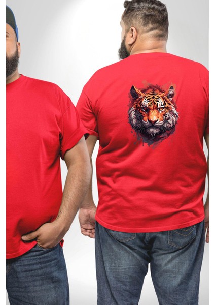 Kaplan Kafası Büyük Beden Kırmızı Tişört Kadın Erkek Ünisex Sırt Baskılı fiyatları