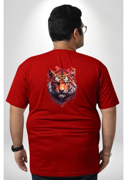 Kaplan Kafası Büyük Beden Kırmızı Tişört Kadın Erkek Ünisex Sırt Baskılı fırsatları